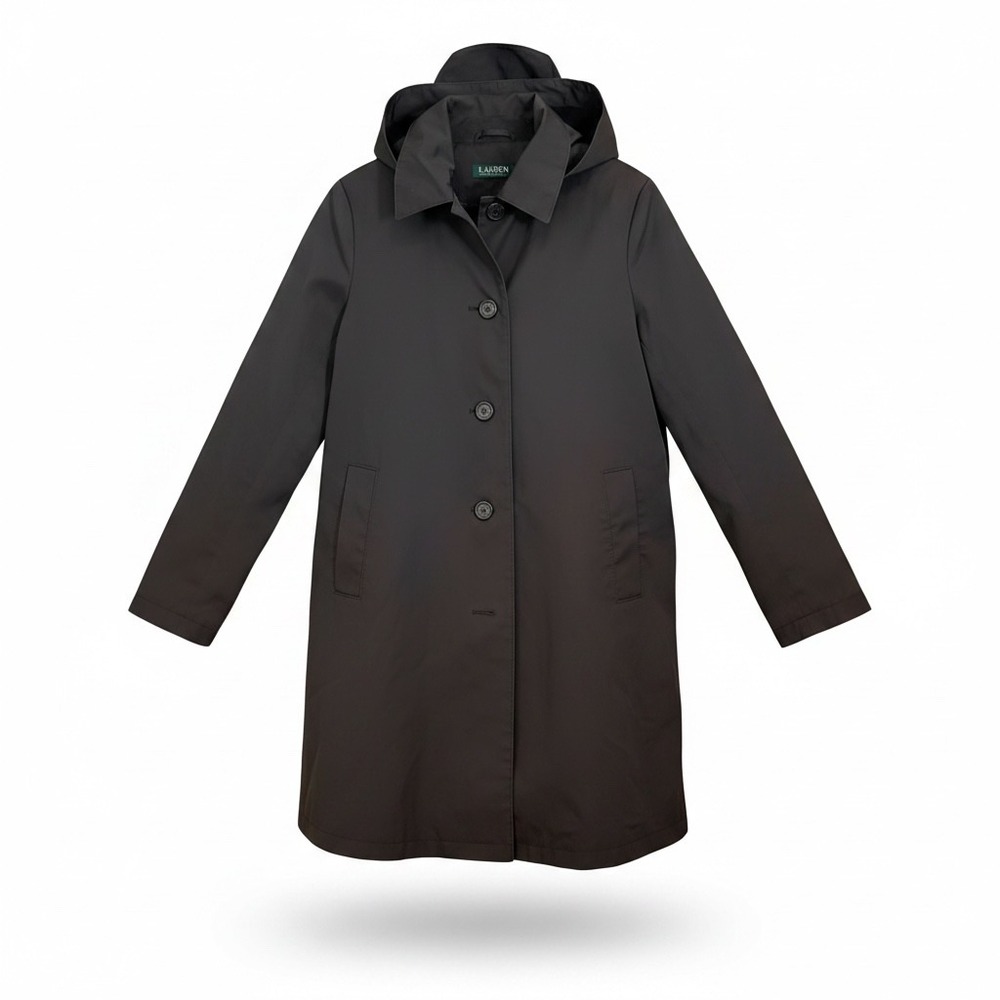 Lauren Ralph Lauren Raincoat Women L Black Hooded Trench Coat Single Breasted